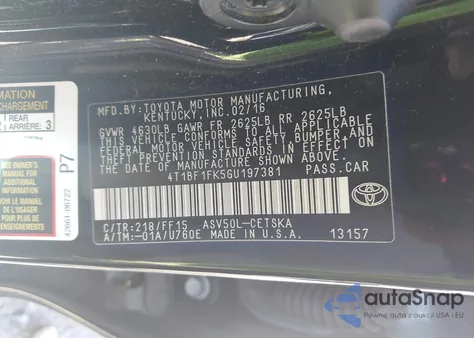 2016 Toyota Camry Se из США, поврежденный, VIN 4T1BF1FK5GU197381